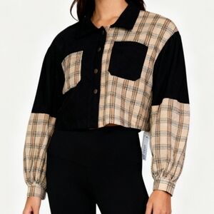 Plaid and Black Cropped Button-Up Shirt